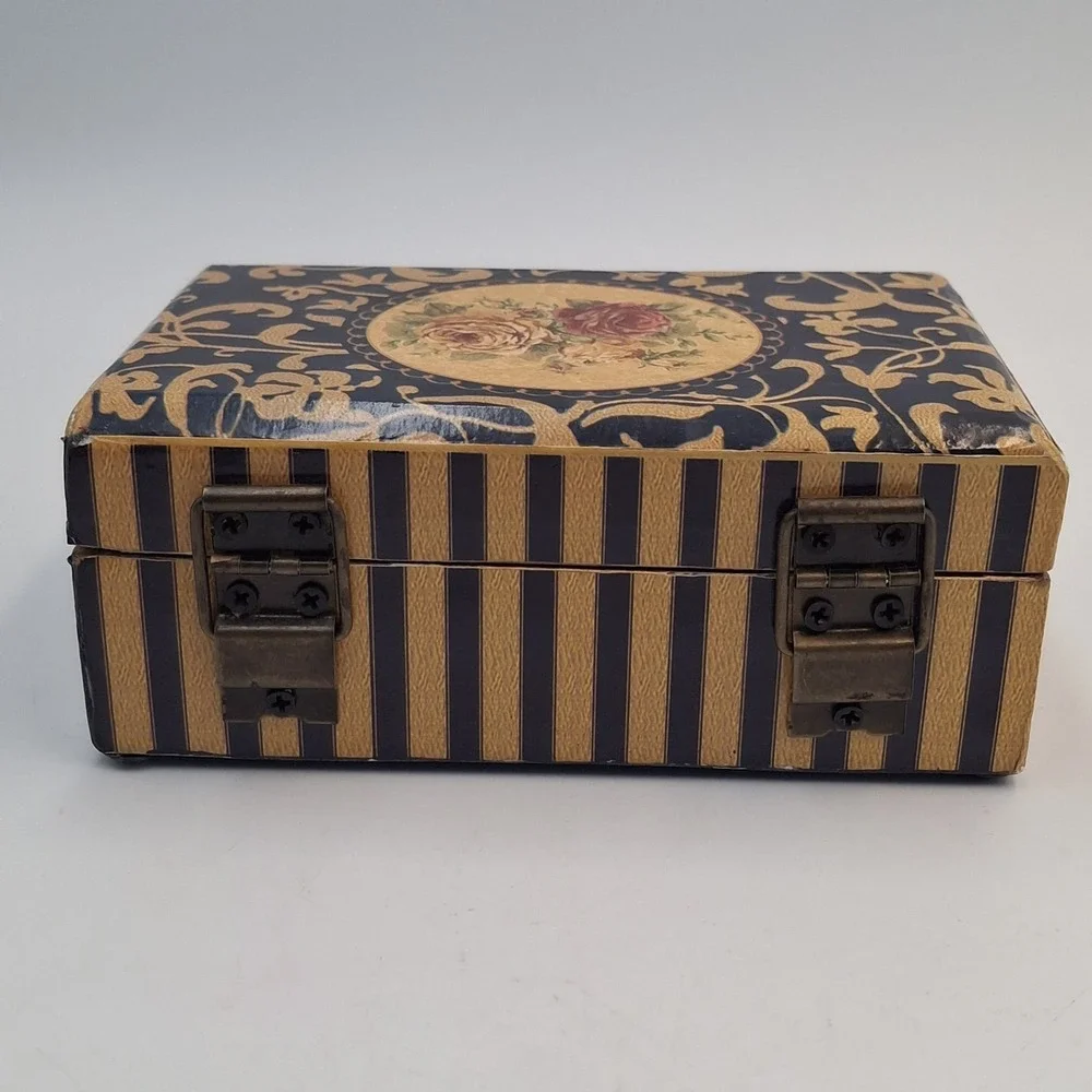 Vintage Small Wooden Jewelry Box Floral Rose Print Gold Foil Decoupage Latch